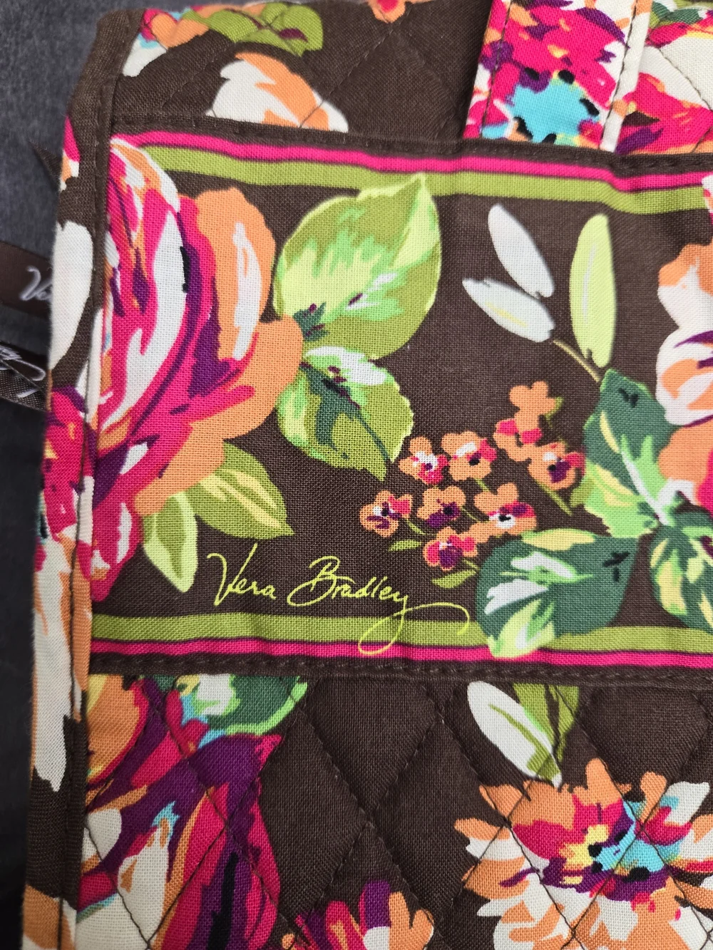 Vera Bradley Brown Quilted Floral Laptop Bag with Pink & Green Accents